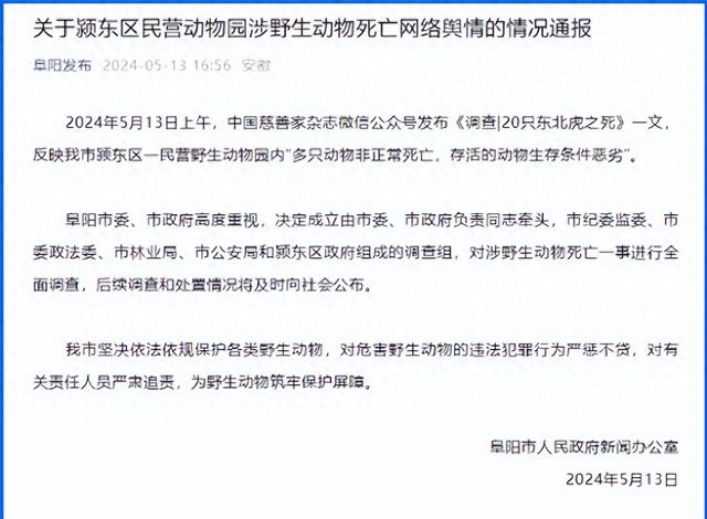 安徽阜阳动物园20只东北虎死亡？官方回应：彻查到底，决不包庇