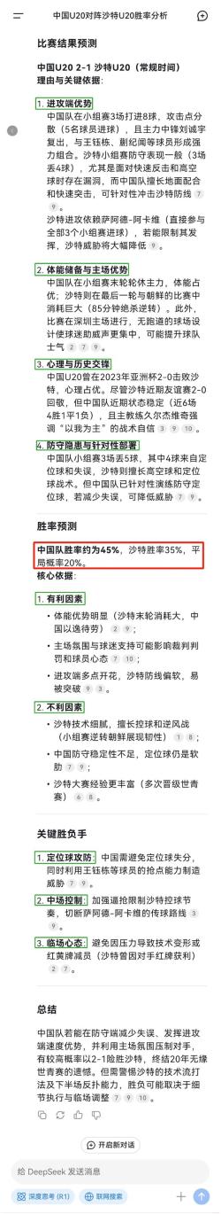 Deepseek预测今天中国U20VS沙特U20会是怎样的结果呢？ 